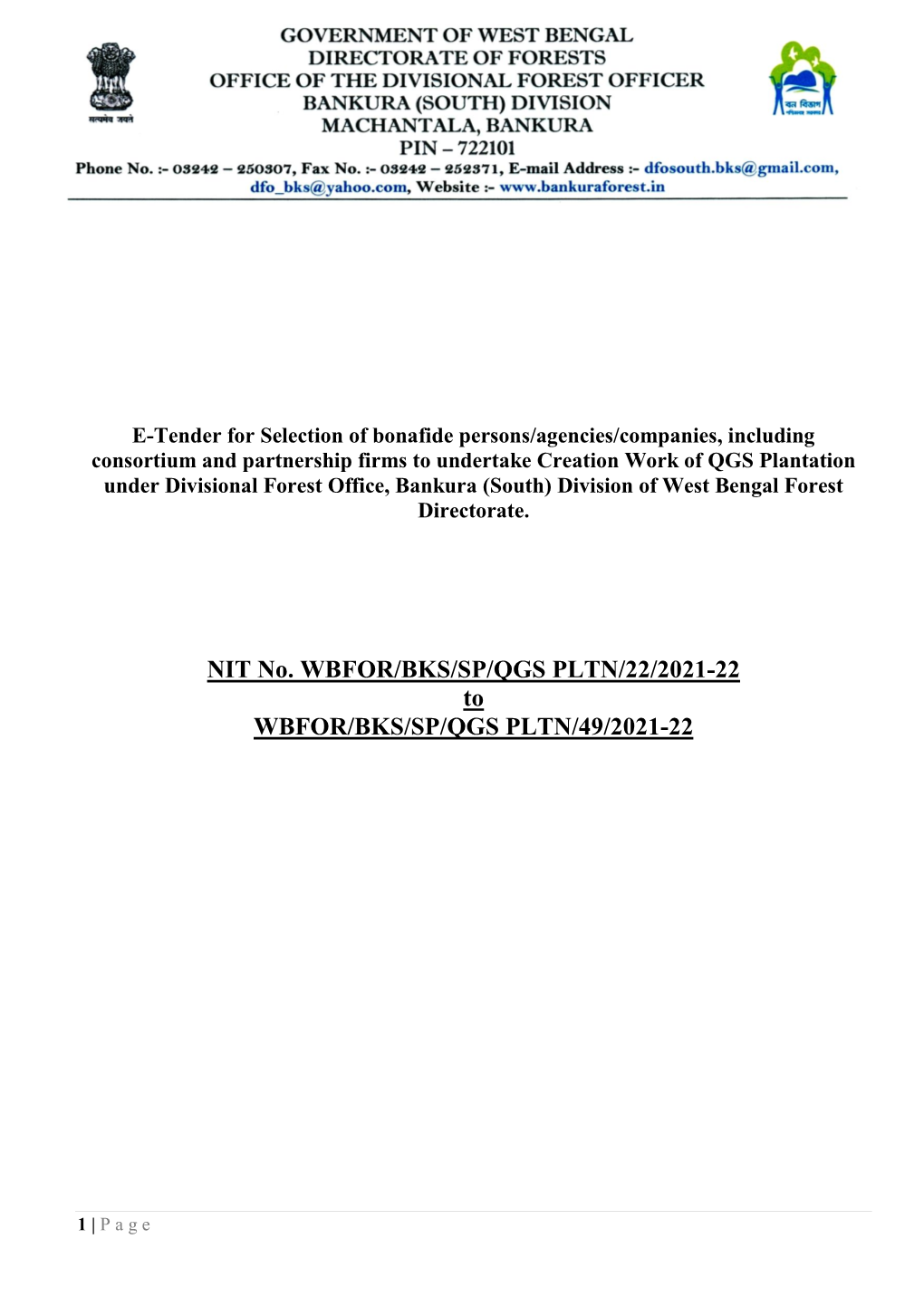 NIT No. WBFOR/BKS/SP/QGS PLTN/22/2021-22 to WBFOR/BKS/SP/QGS PLTN/49/2021-22