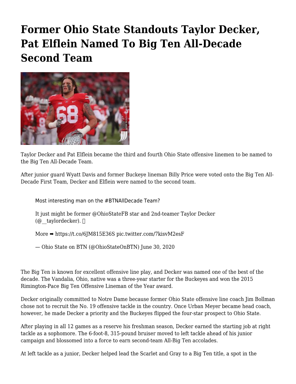 Former Ohio State Standouts Taylor Decker, Pat Elflein Named to Big Ten All-Decade Second Team