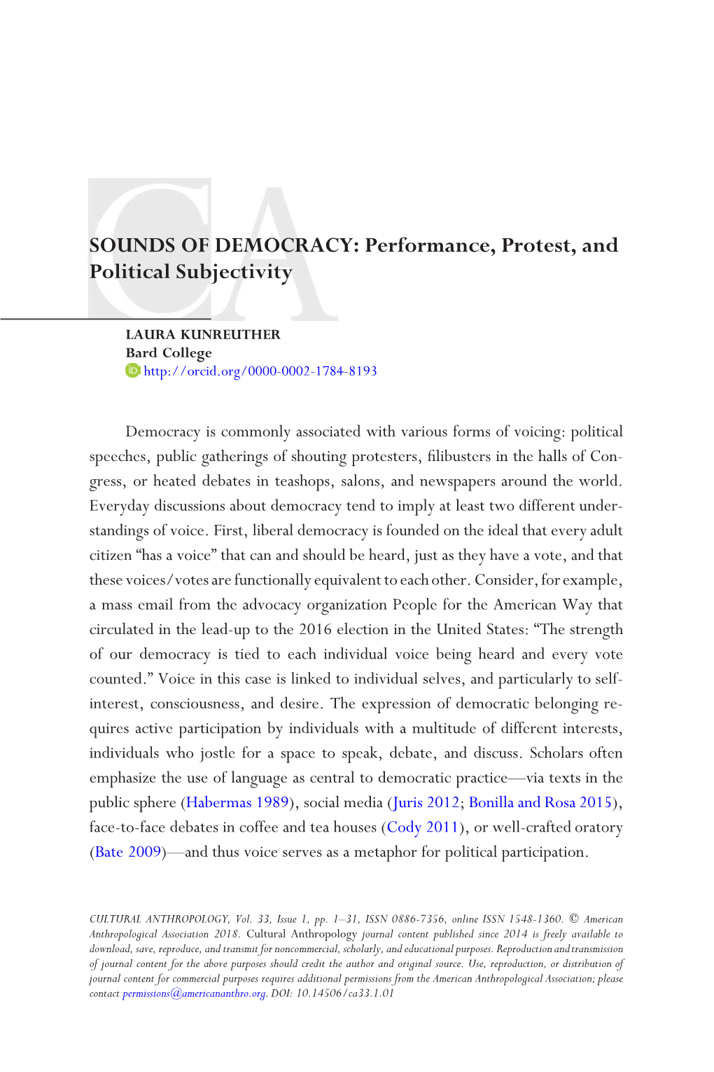 SOUNDS of DEMOCRACY: Performance, Protest, and Political Subjectivity