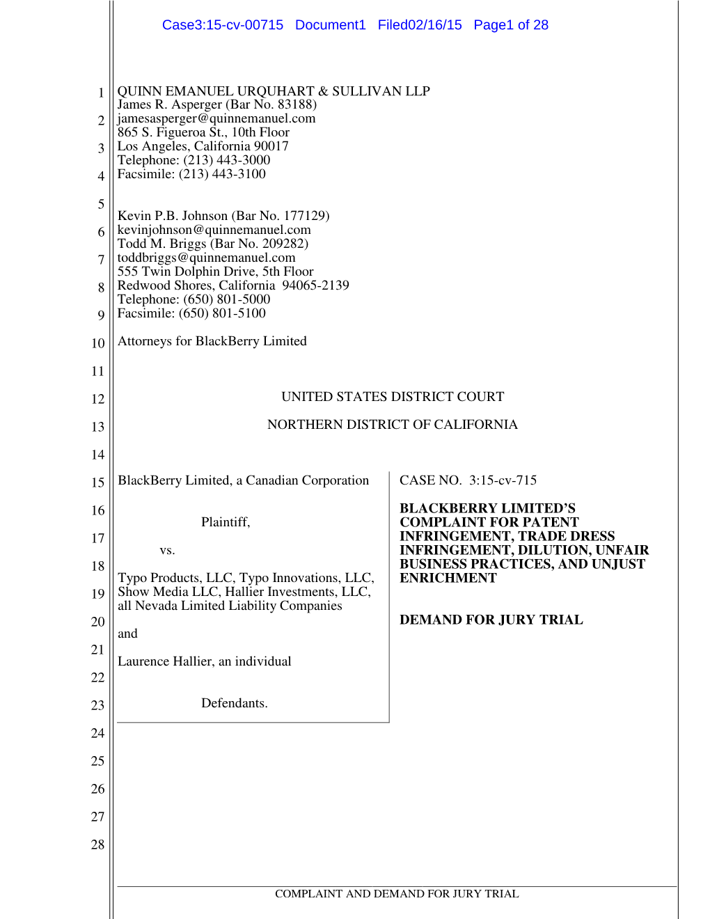 Case3:15-Cv-00715 Document1 Filed02/16/15 Page1 of 28