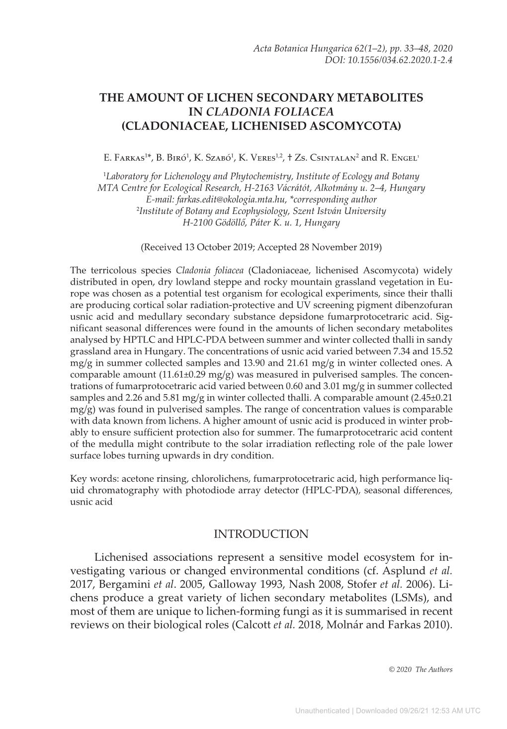 The Amount of Lichen Secondary Metabolites in Cladonia Foliacea (Cladoniaceae, Lichenised Ascomycota)