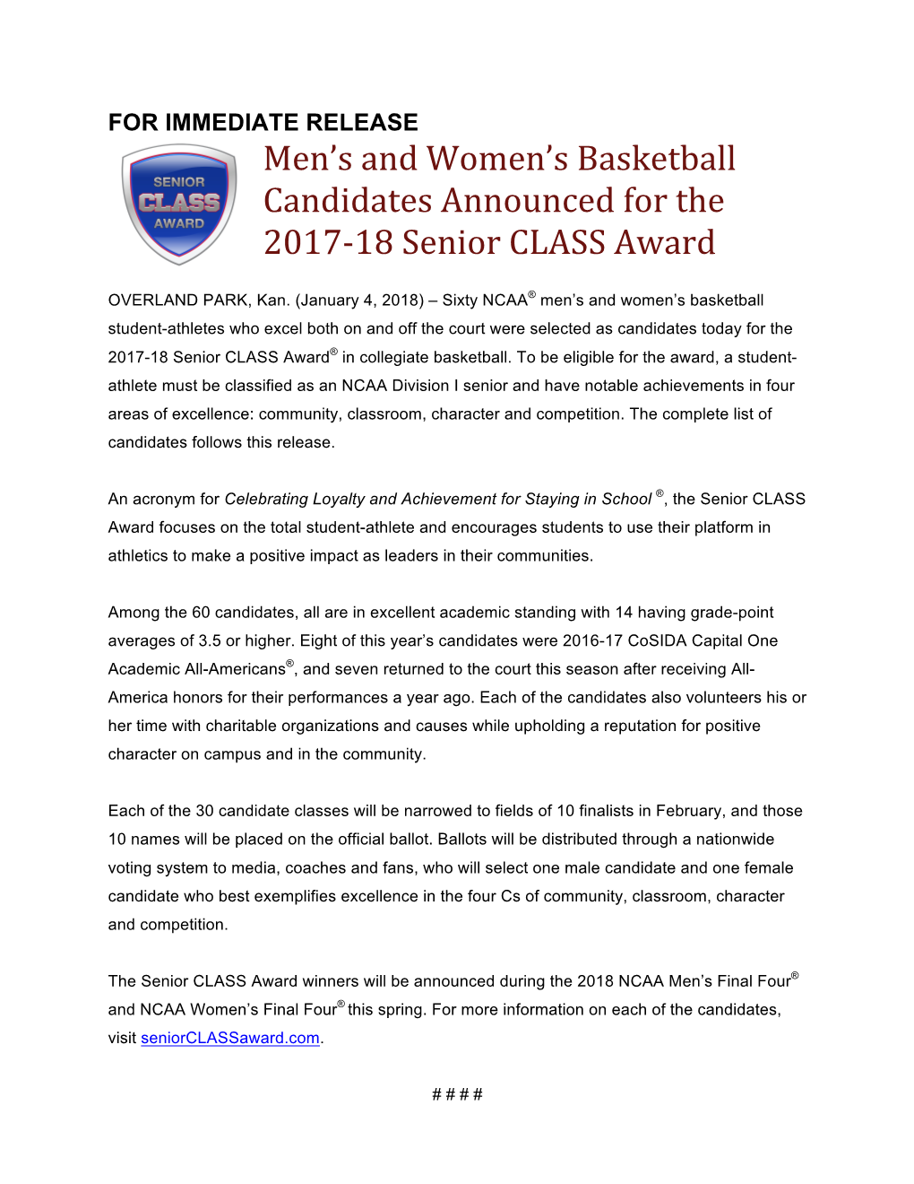 Men's and Women's Basketball Candidates Announced for The