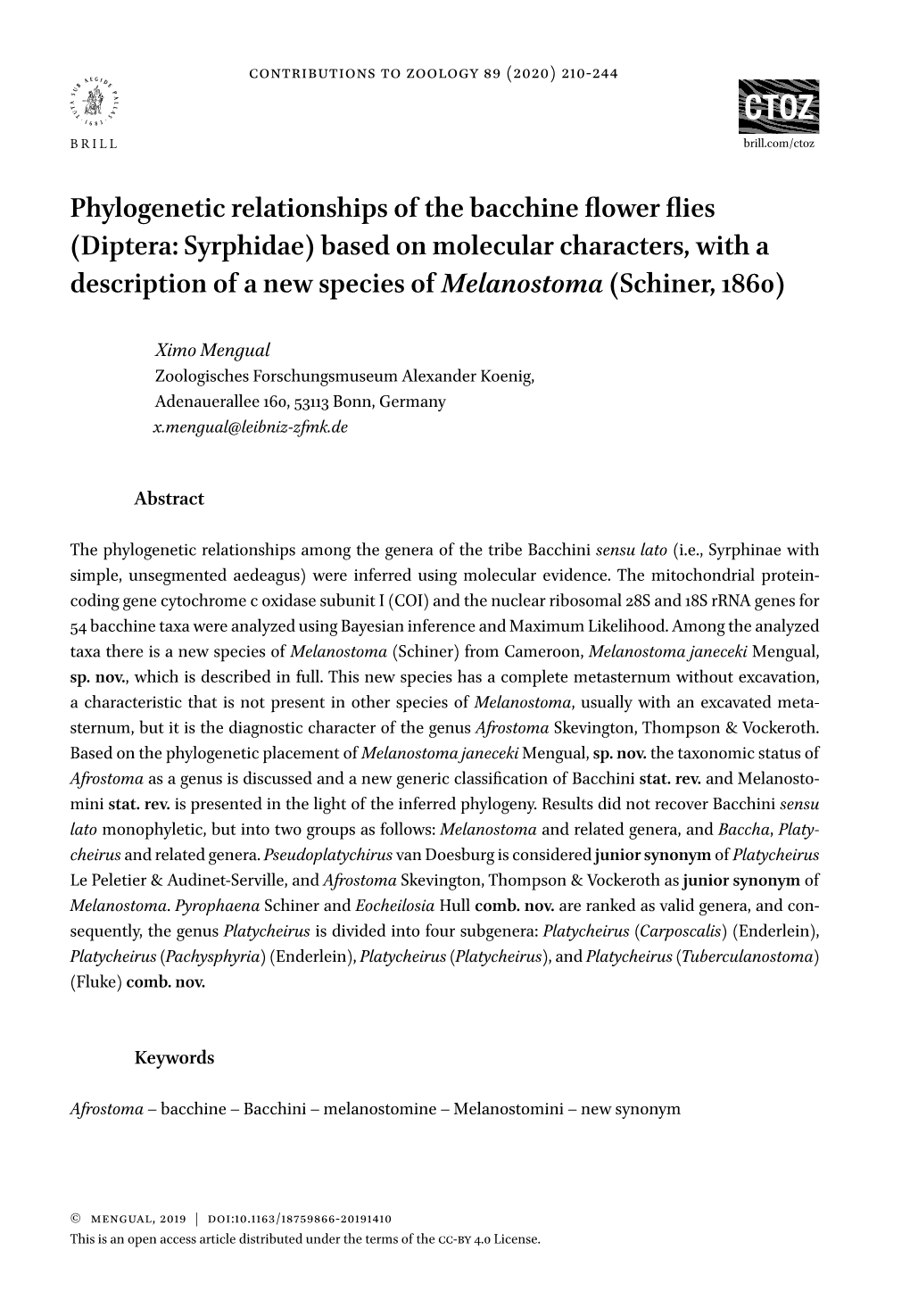 Diptera: Syrphidae) Based on Molecular Characters, with a Description of a New Species of Melanostoma (Schiner, 1860)