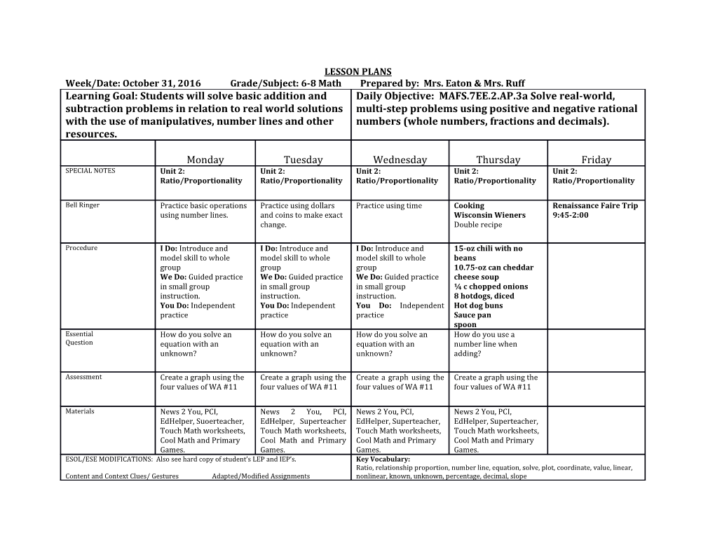 Week/Date: October 31, 2016 Grade/Subject: 6-8 Math Prepared By: Mrs. Eaton & Mrs. Ruff