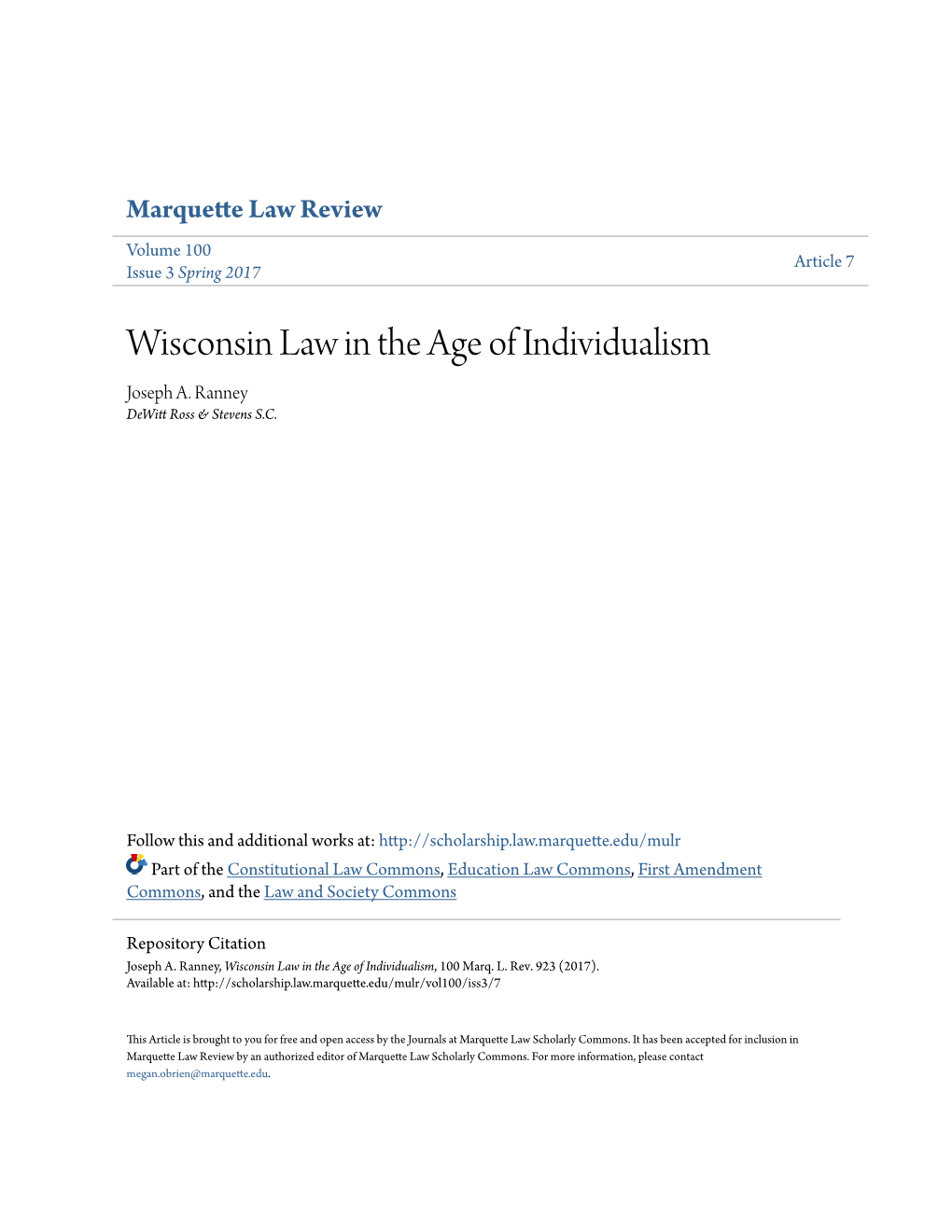 Wisconsin Law in the Age of Individualism Joseph A