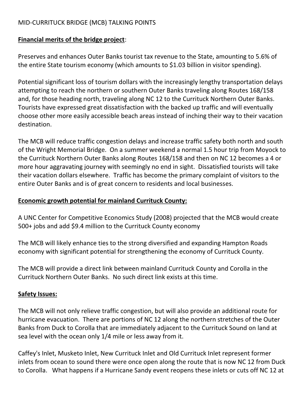 Mid-Currituck Bridge (Mcb) Talking Points