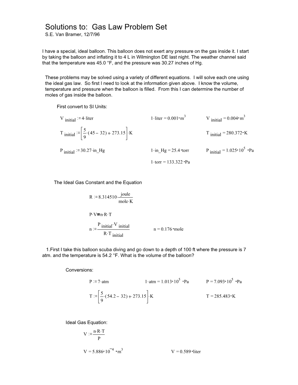 Solutions To: Gas Law Problem Set S.E