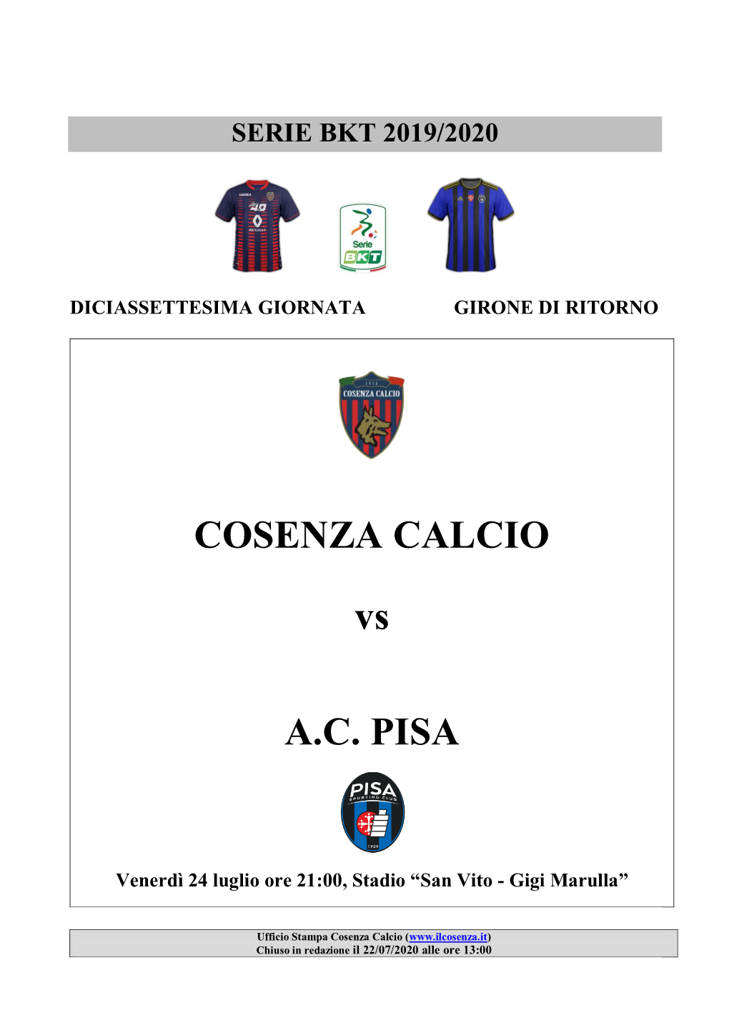 COSENZA CALCIO Vs A.C. PISA