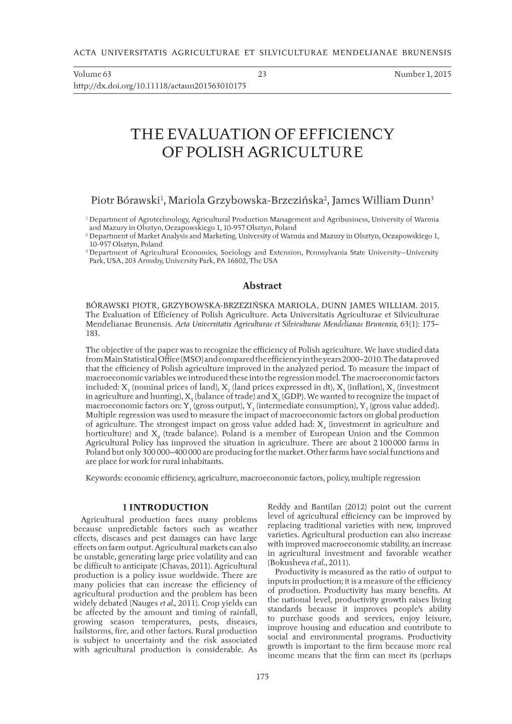 The Evaluation of Efficiency of Polish Agriculture