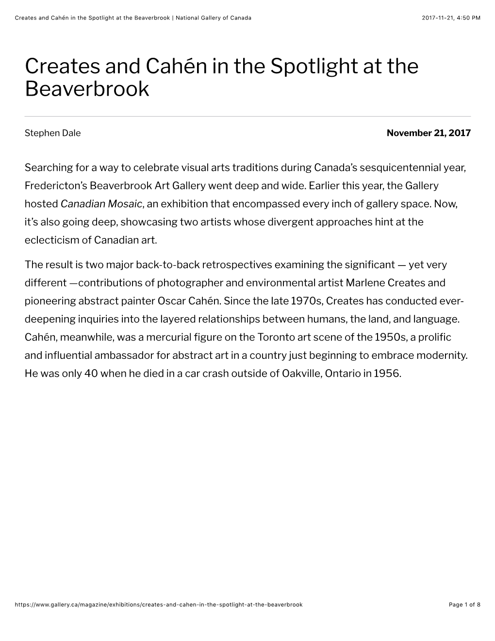 Creates and Cahén in the Spotlight at the Beaverbrook | National Gallery of Canada 2017-11-21, 4�50 PM