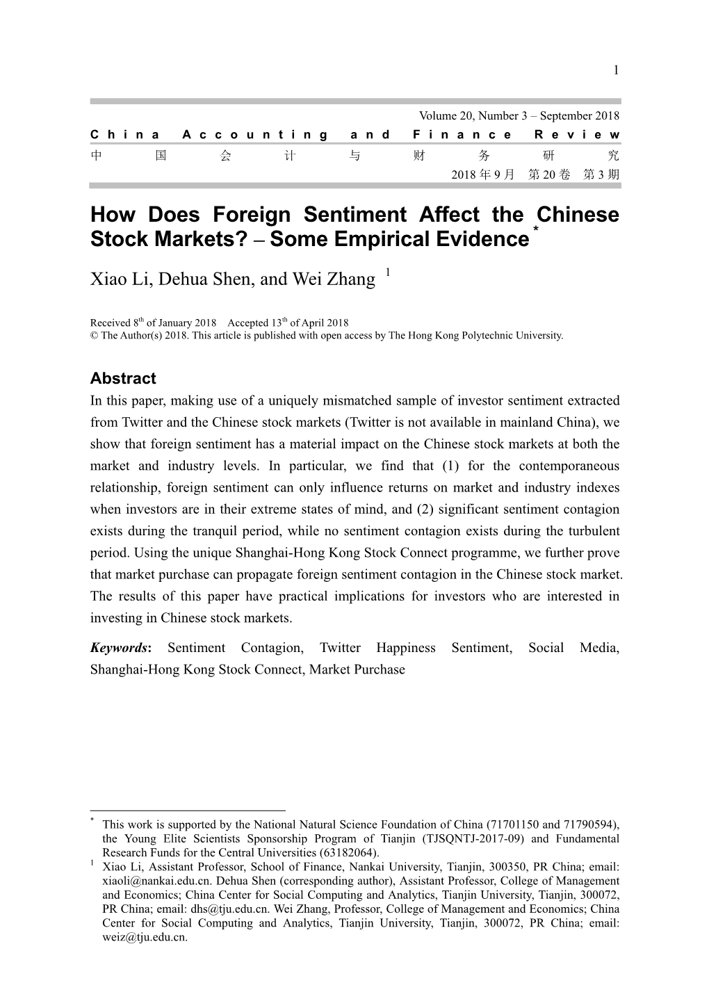 How Does Foreign Sentiment Affect the Chinese Stock Markets? ‒ Some Empirical Evidence *