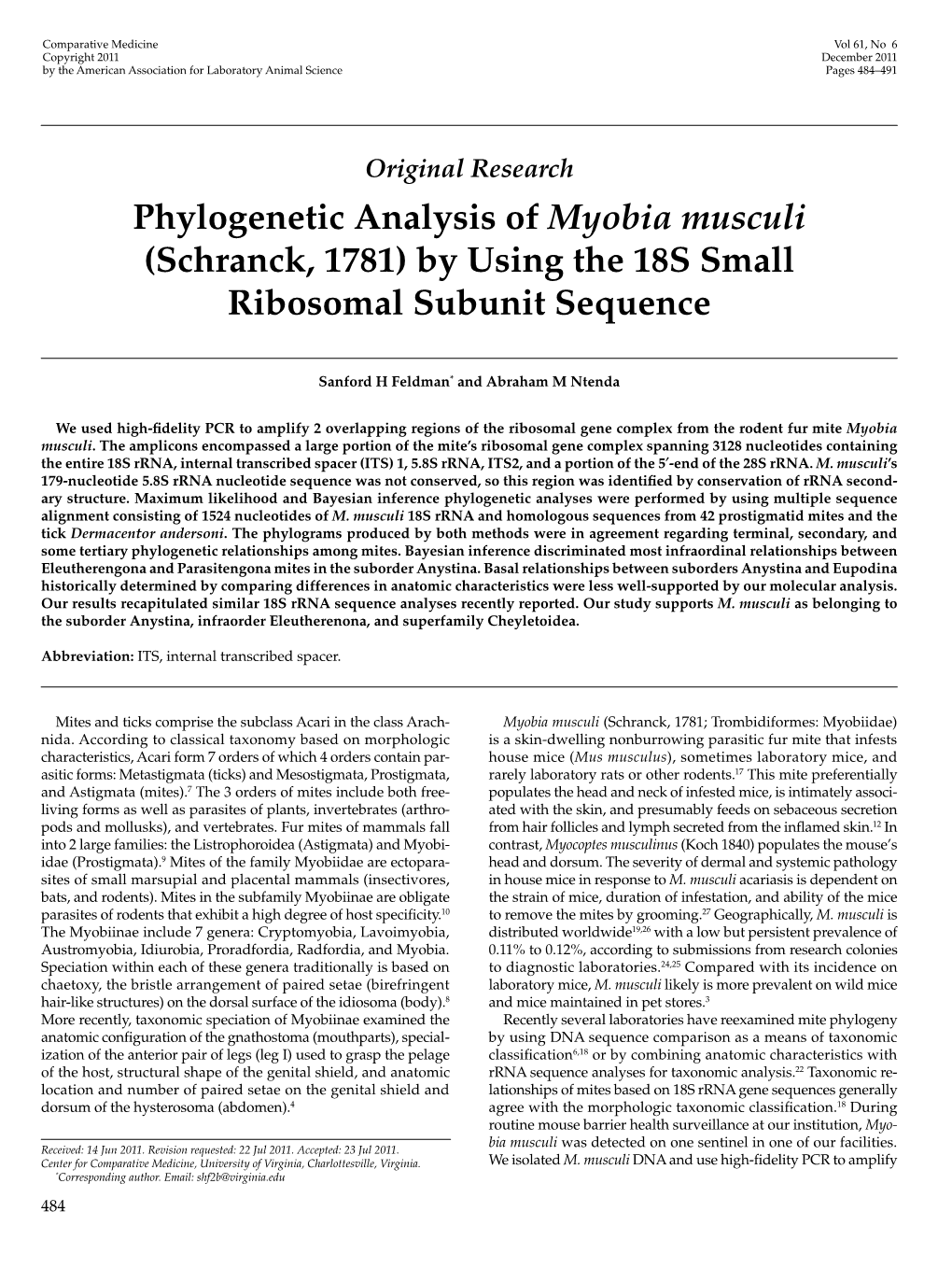 Phylogenetic Analysis of &lt;I&gt;Myobia Musculi&lt;/I&gt;