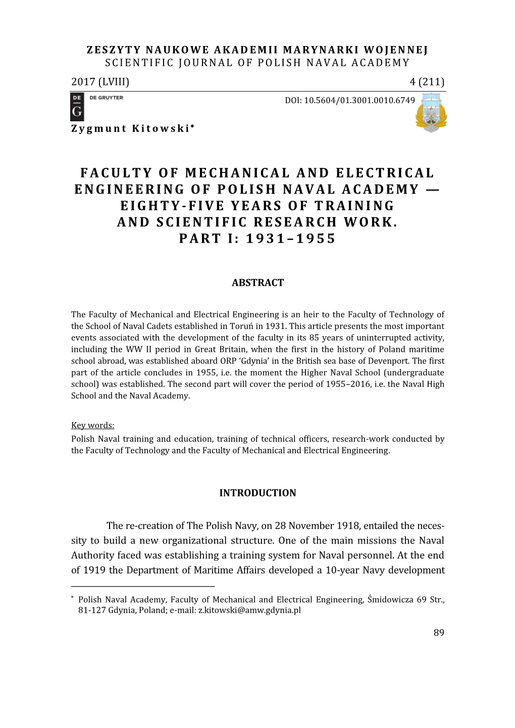 Faculty of Mechanical and Electrical Engineering of Polish Naval Academy — Eighty-Five Years of Training and Scientific Research Work