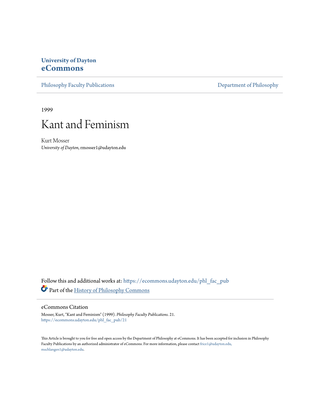 Kant and Feminism Kurt Mosser University of Dayton, Rmosser1@Udayton.Edu