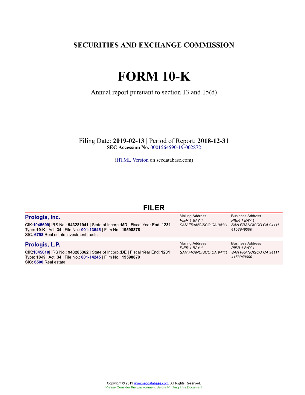 Prologis, Inc. Form 10-K Annual Report Filed 2019-02-13