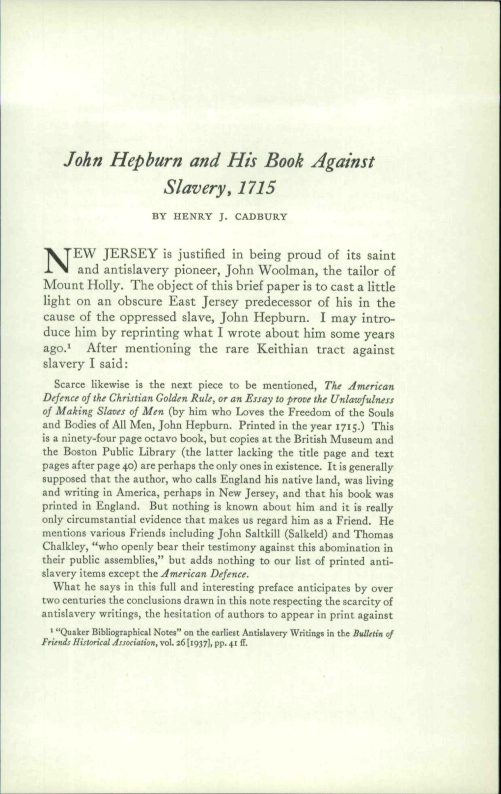 John Hepburn and His Book Against Slavery, 1715