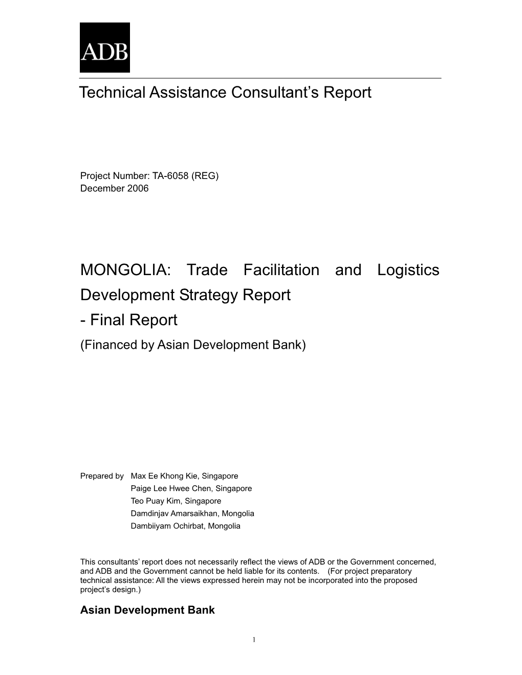 Trade Facilitation and Logistics Development Strategy Report - Final Report (Financed by Asian Development Bank)