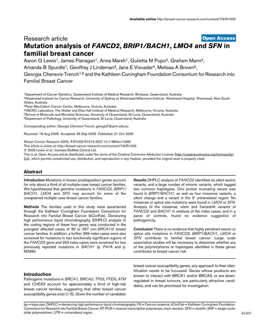 Mutation Analysis of FANCD2, BRIP1/BACH1