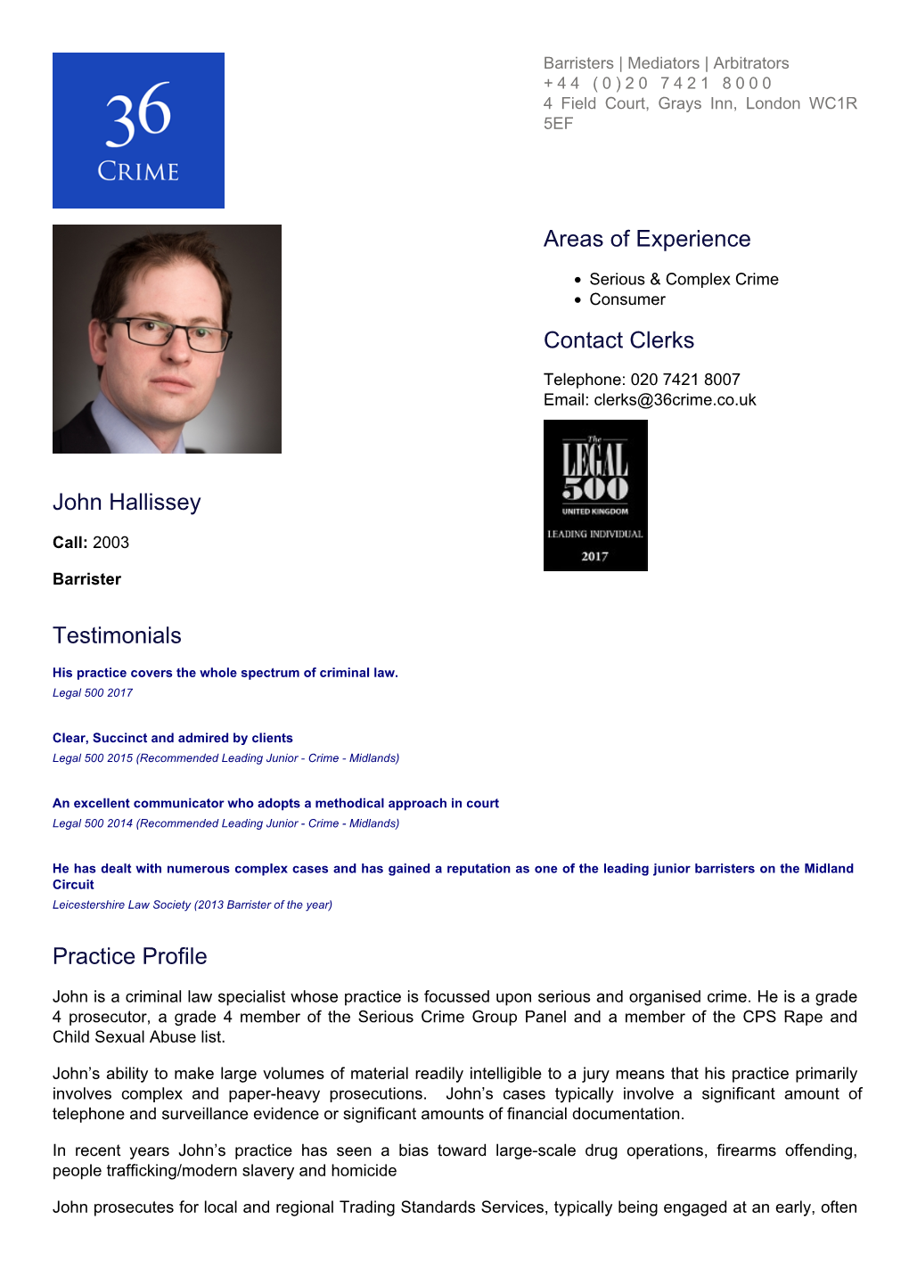 John Hallissey Testimonials Practice Profile Areas of Experience Contact