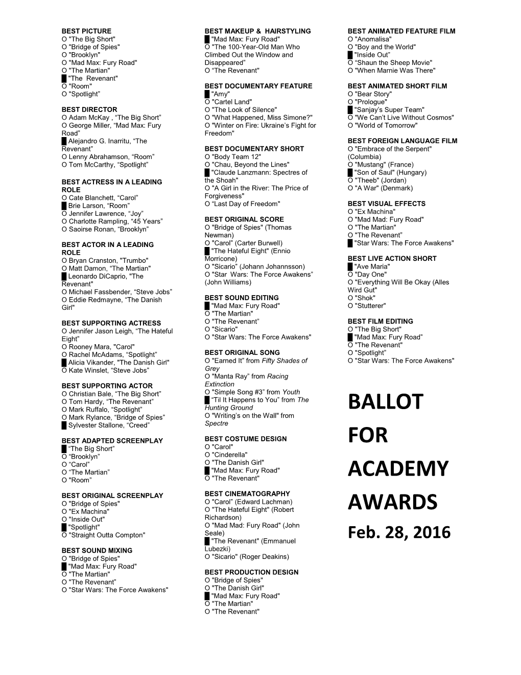 Ballot for Academy Awards