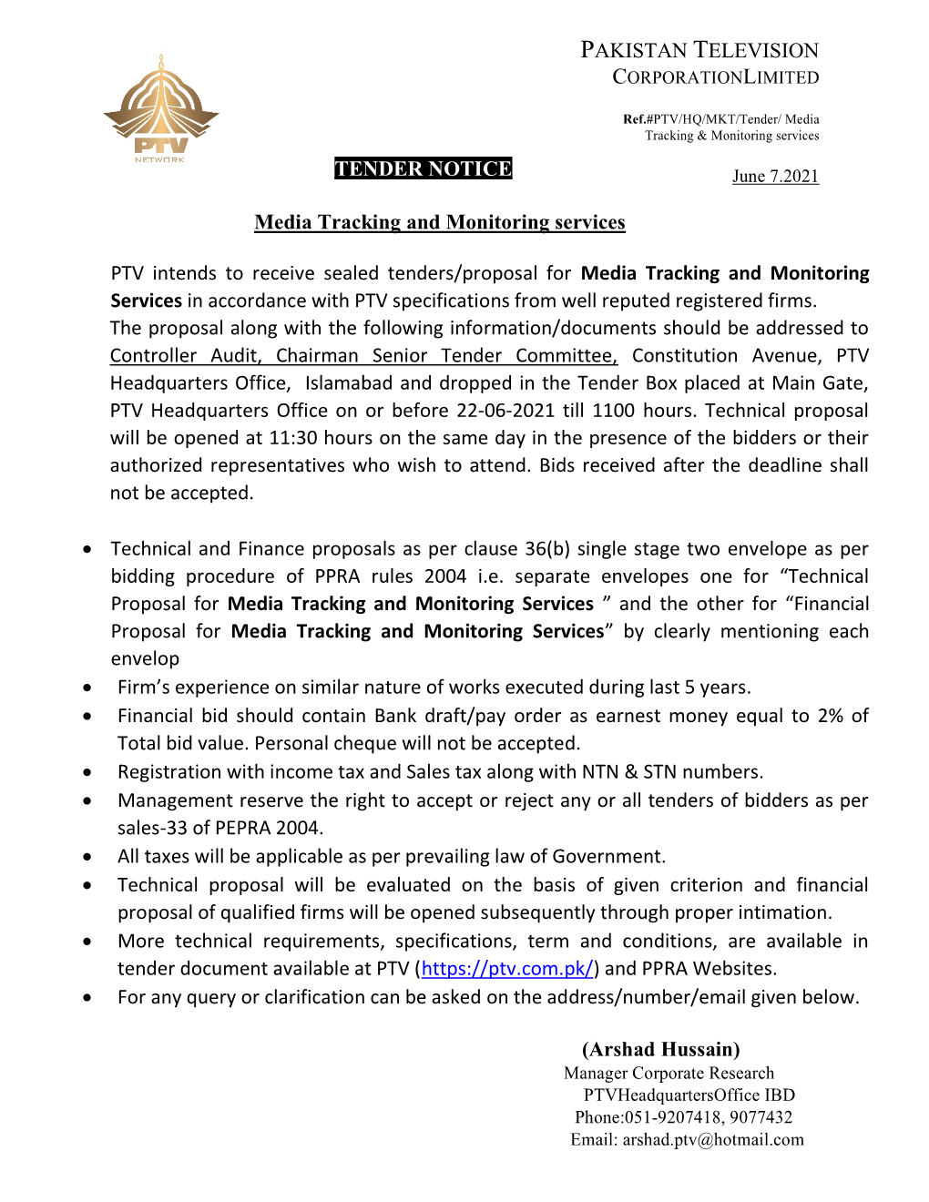 TENDER NOTICE PAKISTAN TELEVISION Media Tracking And