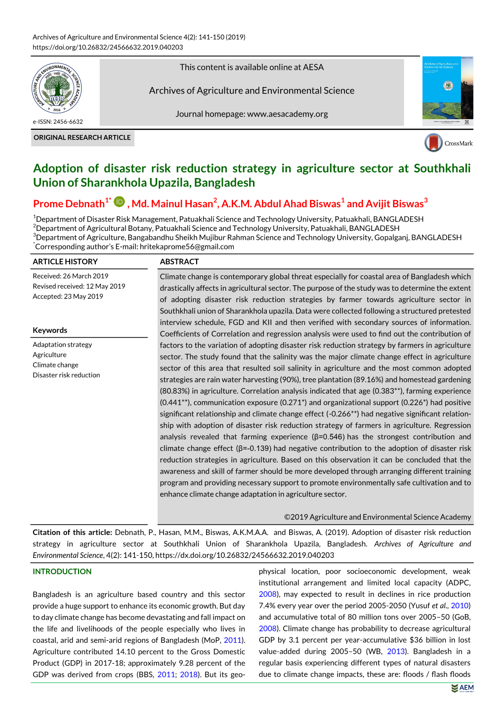 Adoption of Disaster Risk Reduction Strategy in Agriculture Sector at Southkhali Union of Sharankhola Upazila, Bangladesh Prome Debnath1* , Md