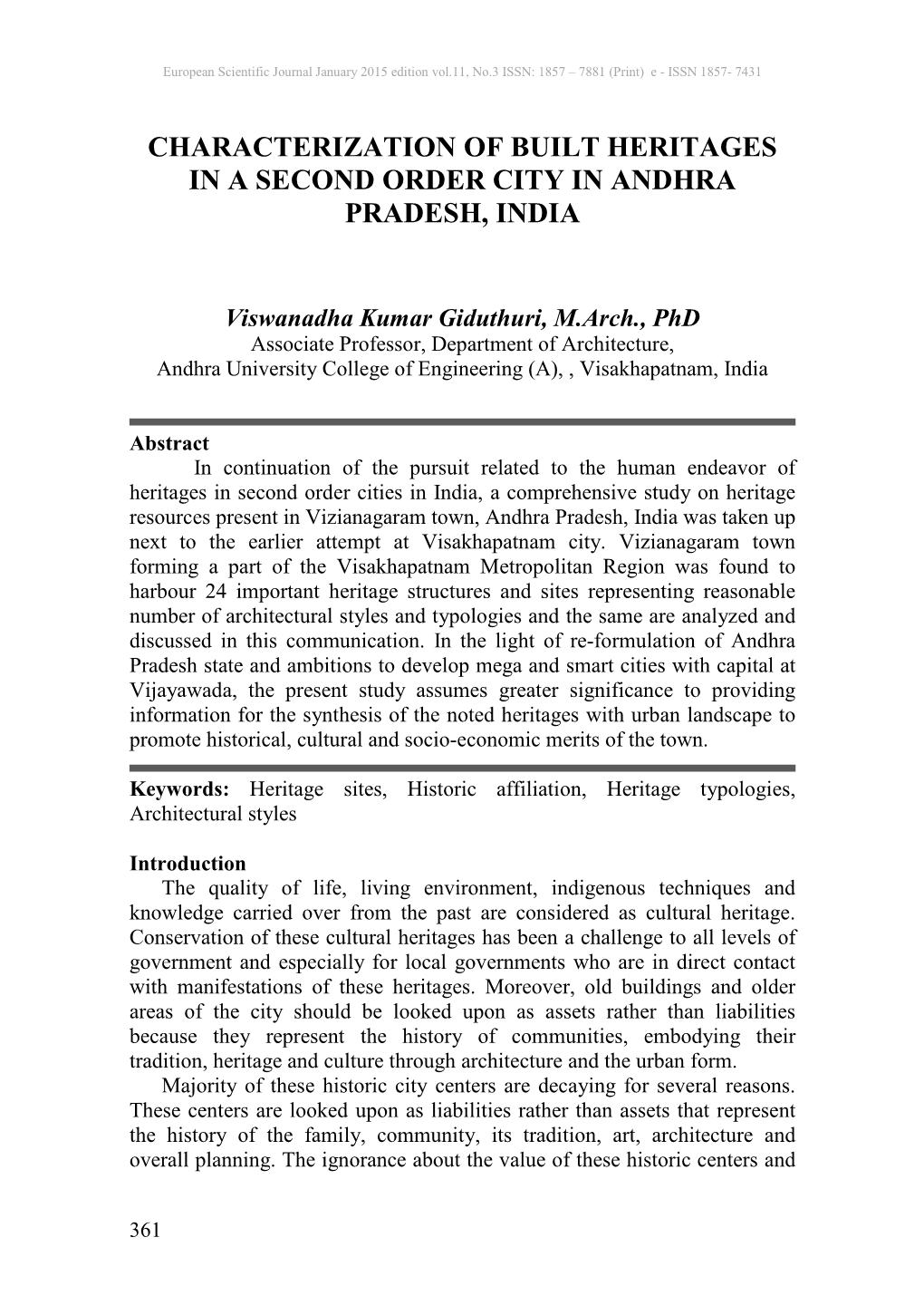 Characterization of Built Heritages in a Second Order City in Andhra Pradesh, India