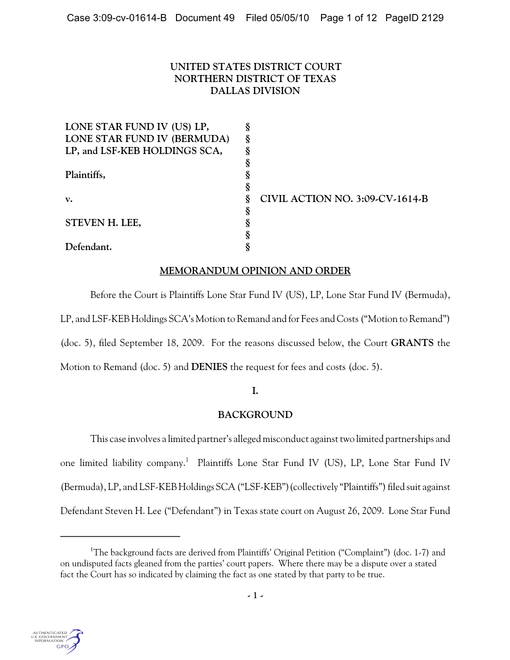 Case 3:09-Cv-01614-B Document 49 Filed 05/05/10 Page 1 of 12 Pageid 2129