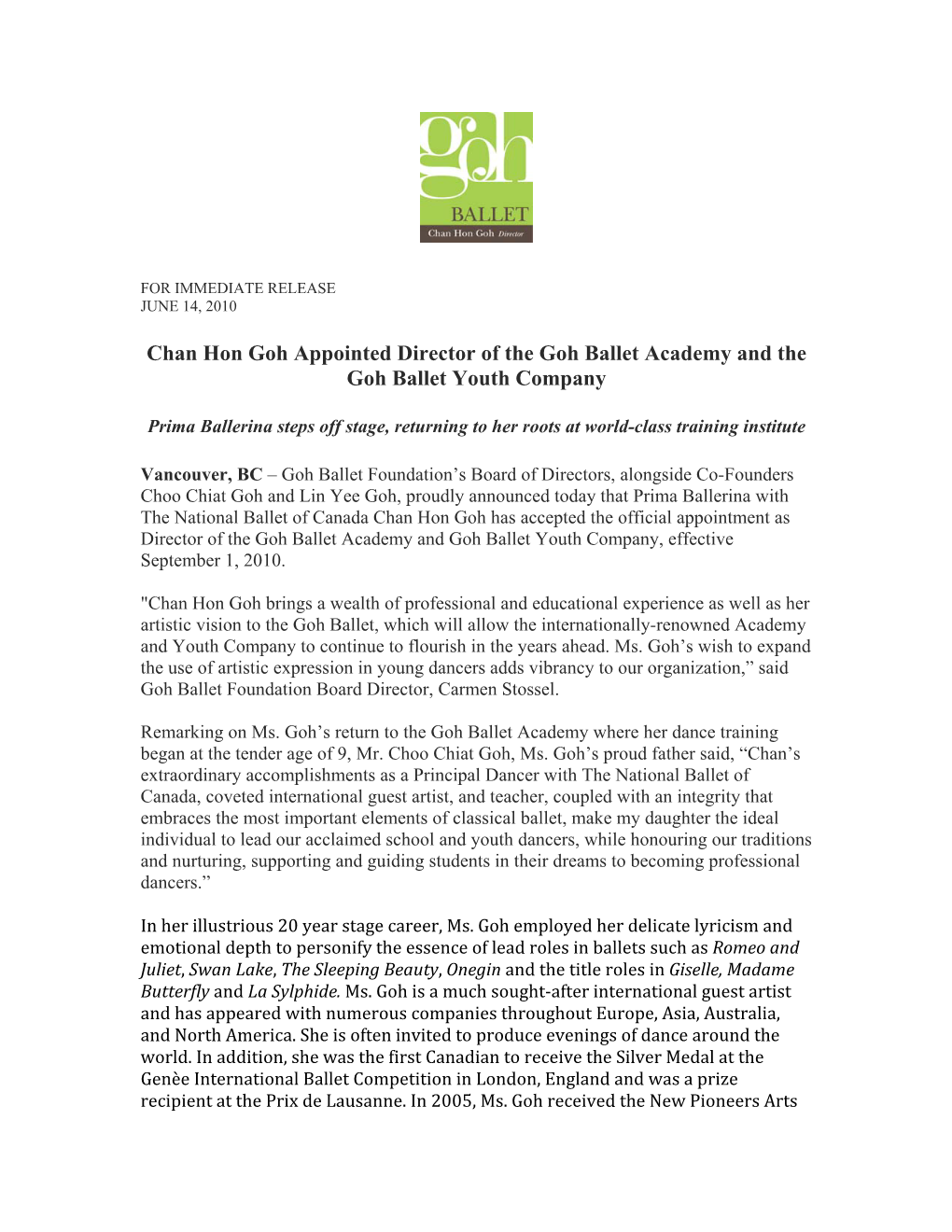 2010-06-14-Press Release-Chan Hon Goh Appointed Director of Goh Ballet