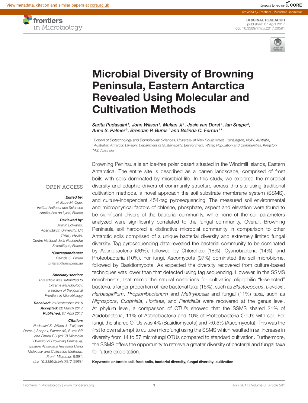 Microbial Diversity of Browning Peninsula, Eastern Antarctica Revealed Using Molecular and Cultivation Methods