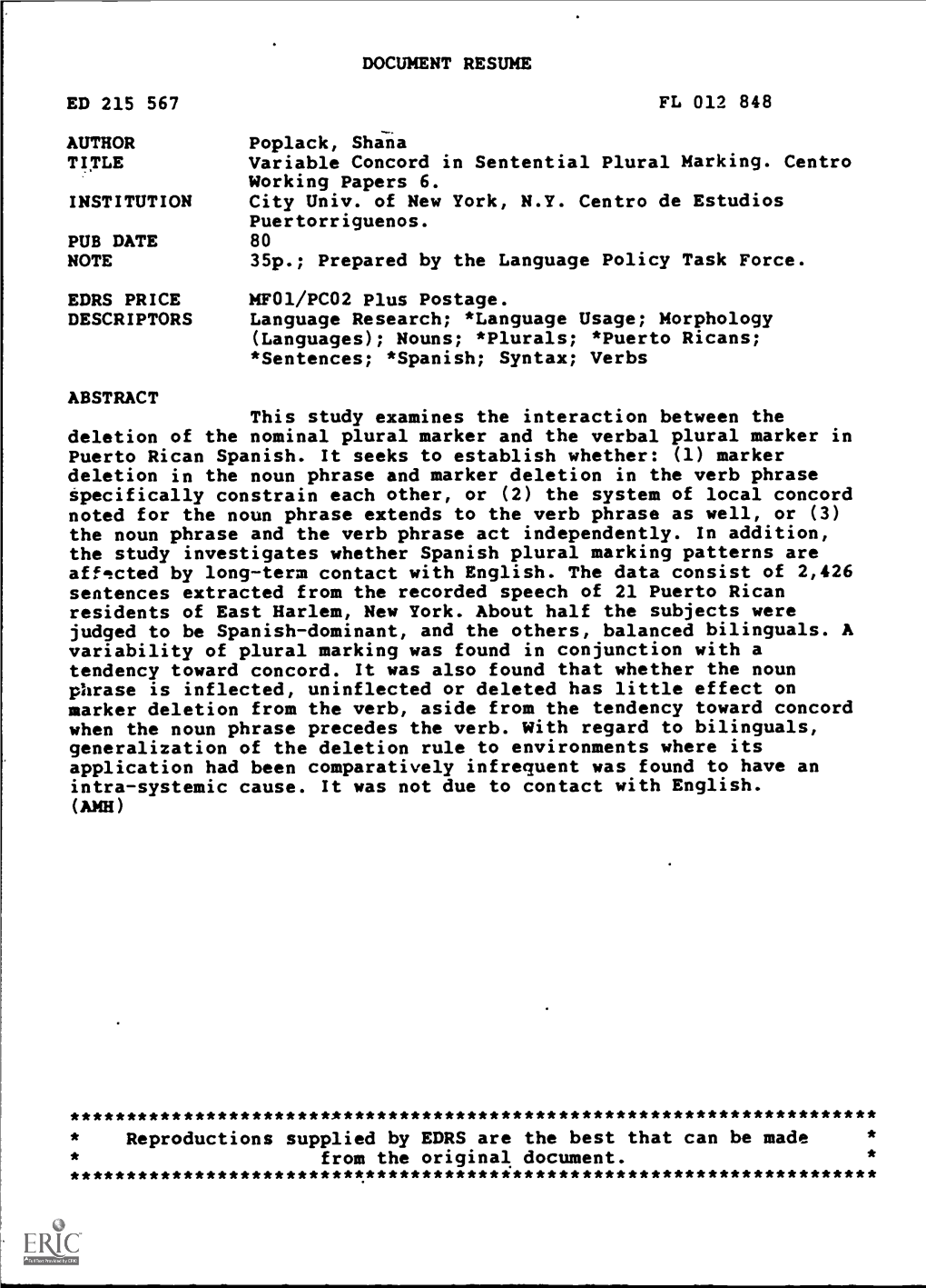 Variable Concord in Sentential Plural Marking. Centro Working Papers 6. INSTITUTION City Univ