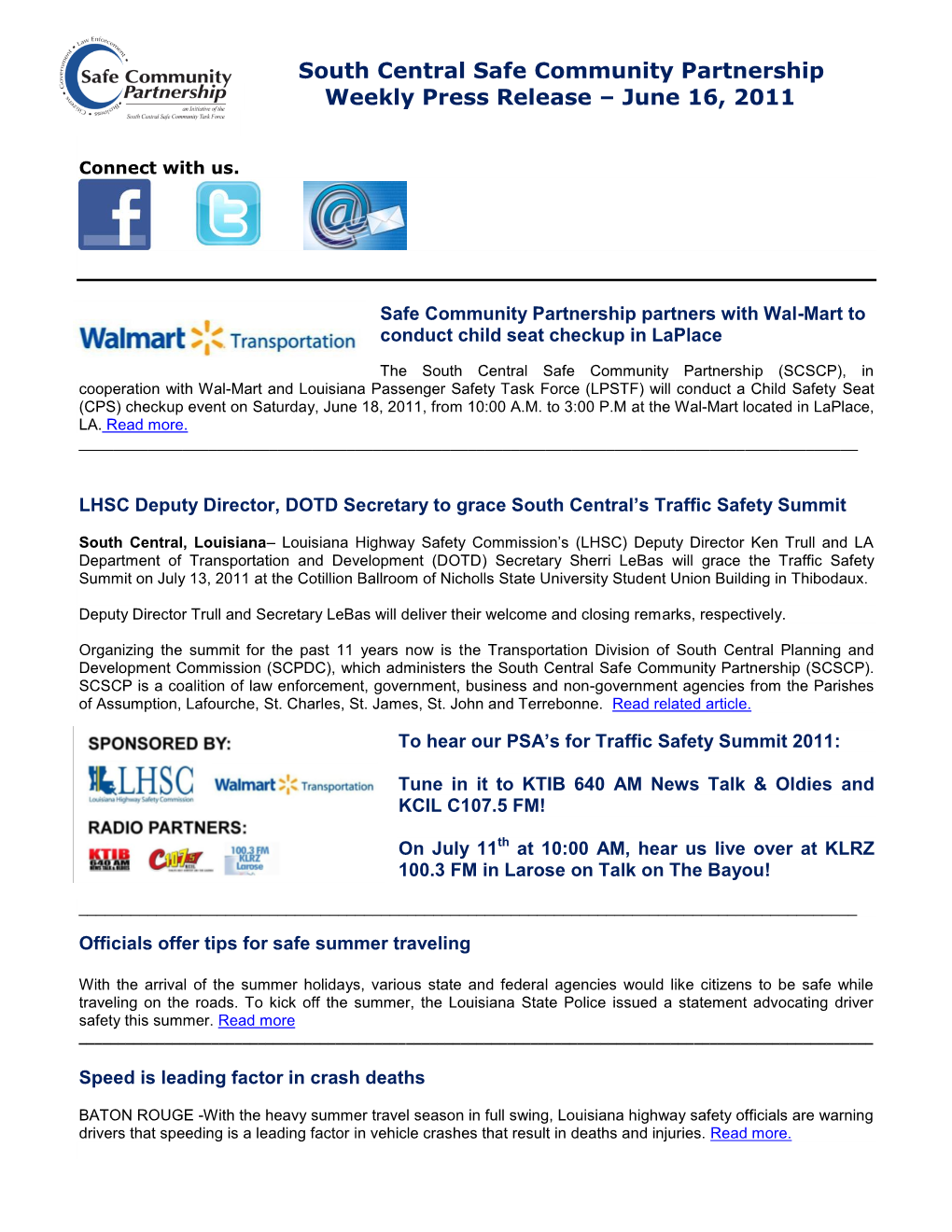 South Central Safe Community Partnership Weekly Press Release – June 16, 2011