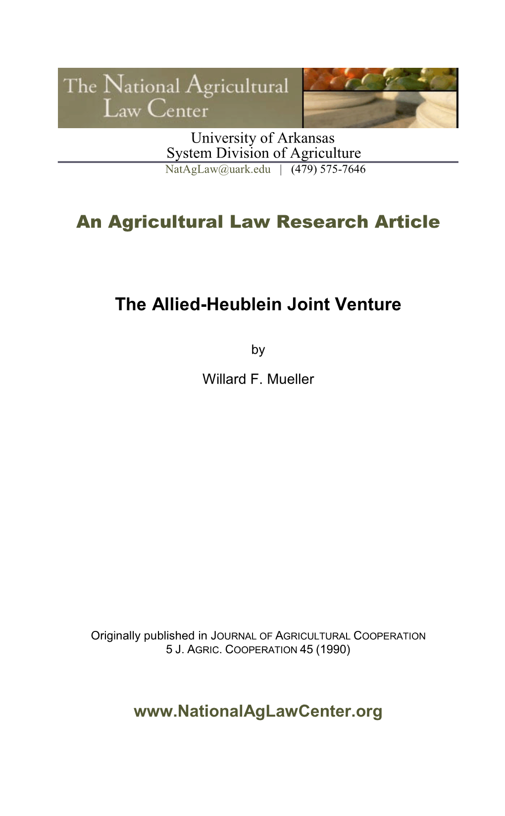 An Agricultural Law Research Article the Allied-Heublein Joint Venture