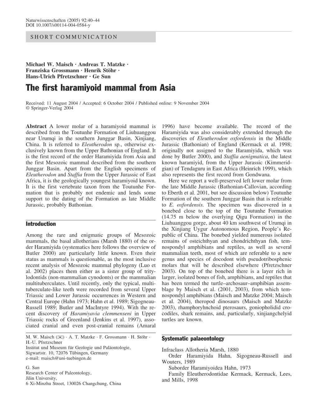 The First Haramiyoid Mammal from Asia