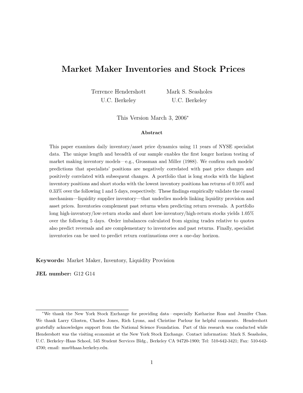 Market Maker Inventories and Stock Prices