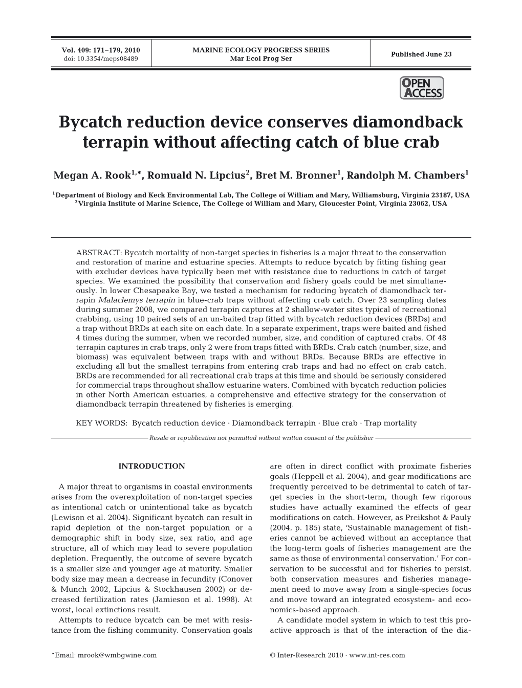 Bycatch Reduction Device Conserves Diamondback Terrapin Without Affecting Catch of Blue Crab