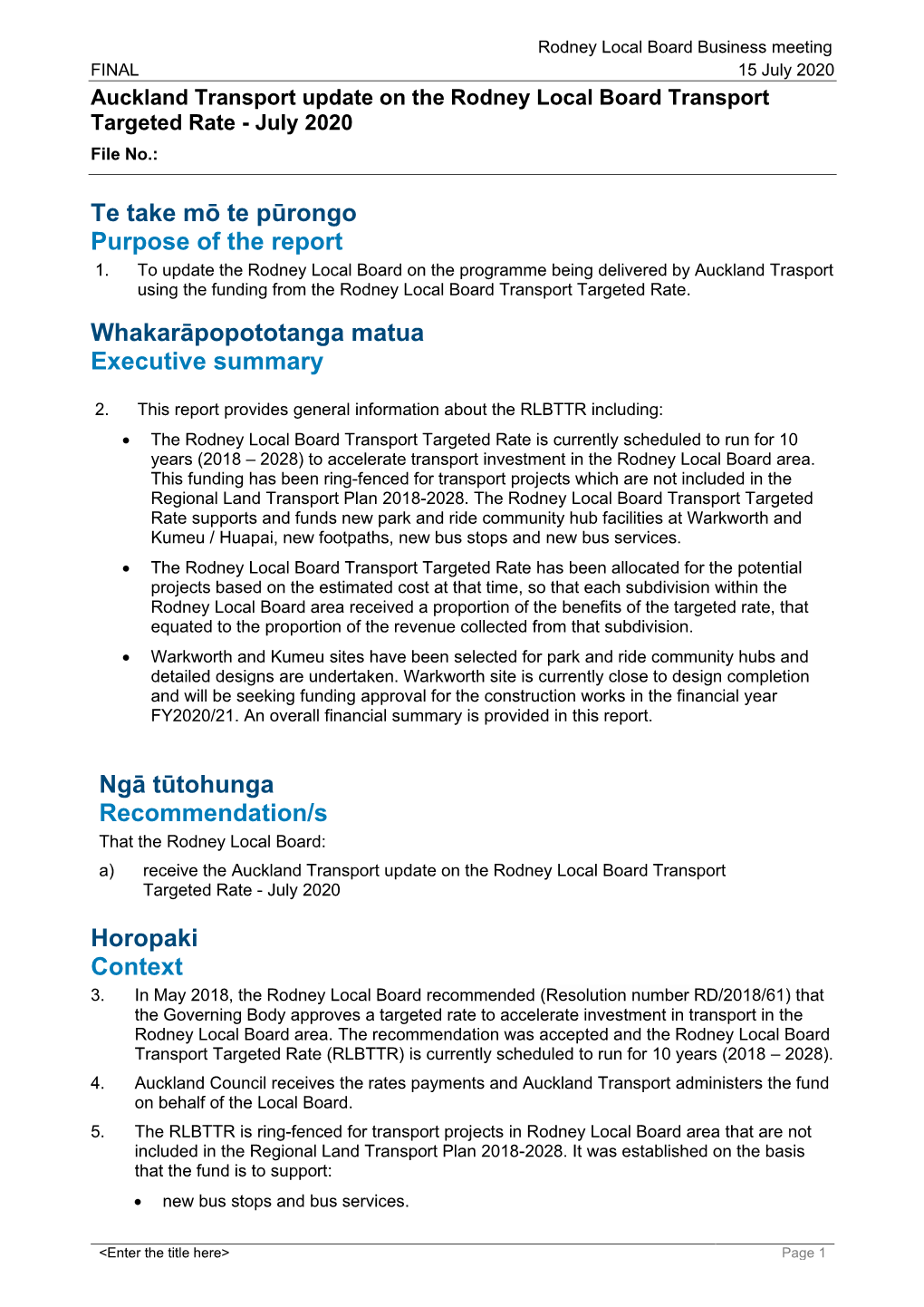 Rodney Targeted Rate Programme