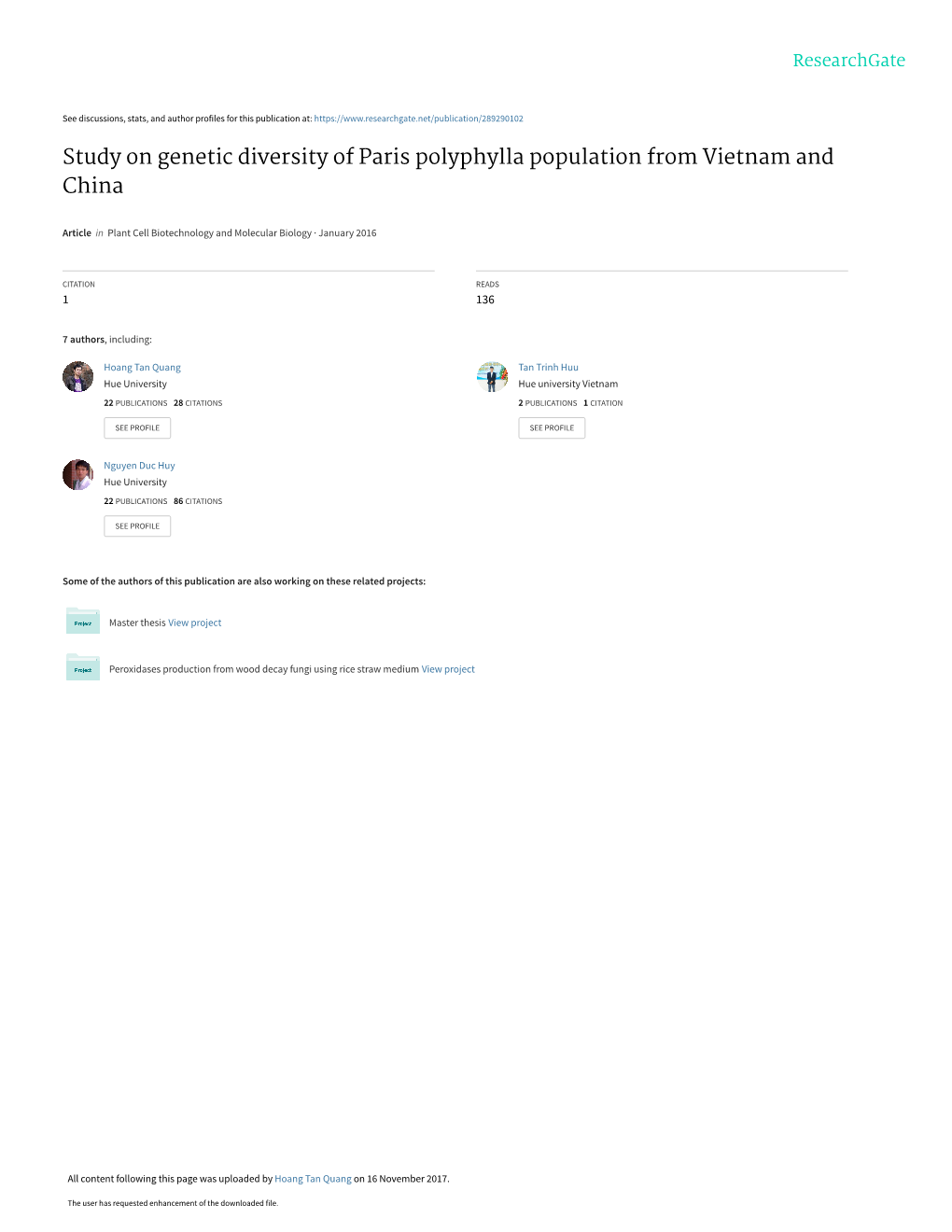 Study on Genetic Diversity of Paris Polyphylla Population from Vietnam and China