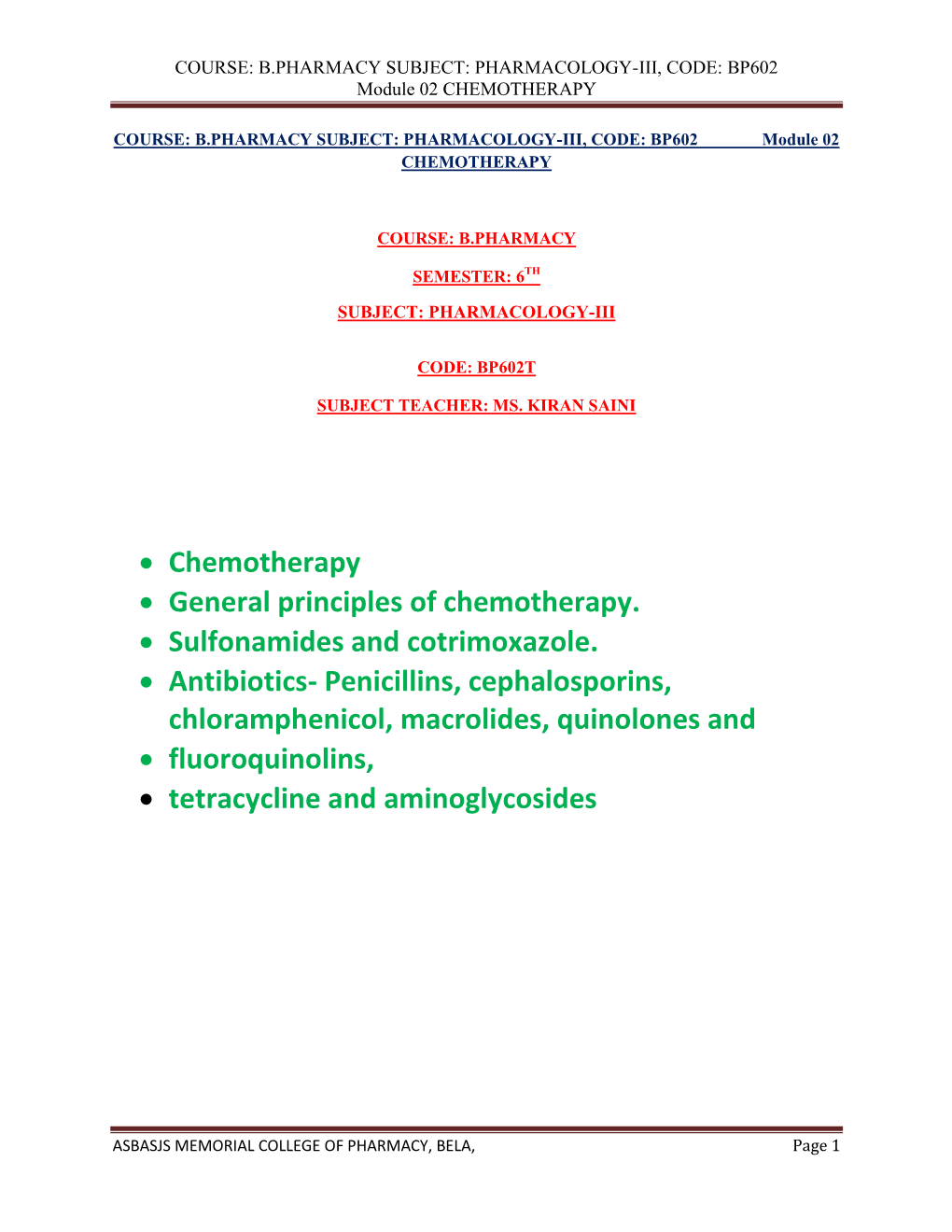 BP602 Module 02 CHEMOTHERAPY