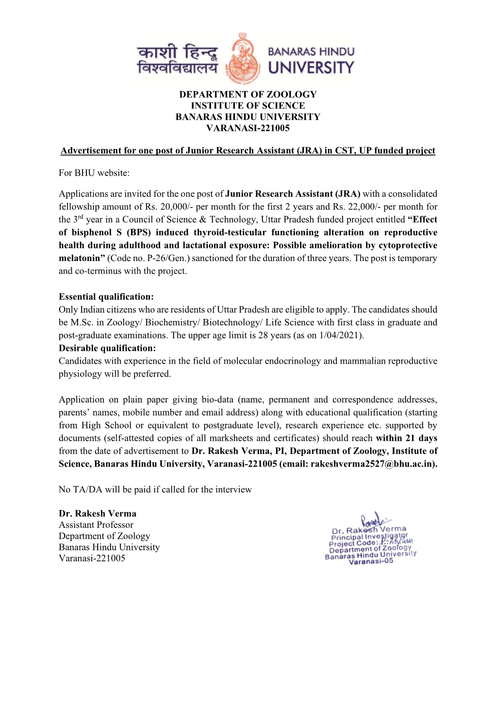DEPARTMENT of ZOOLOGY INSTITUTE of SCIENCE BANARAS HINDU UNIVERSITY VARANASI-221005 Advertisement for One Post of Junior Researc