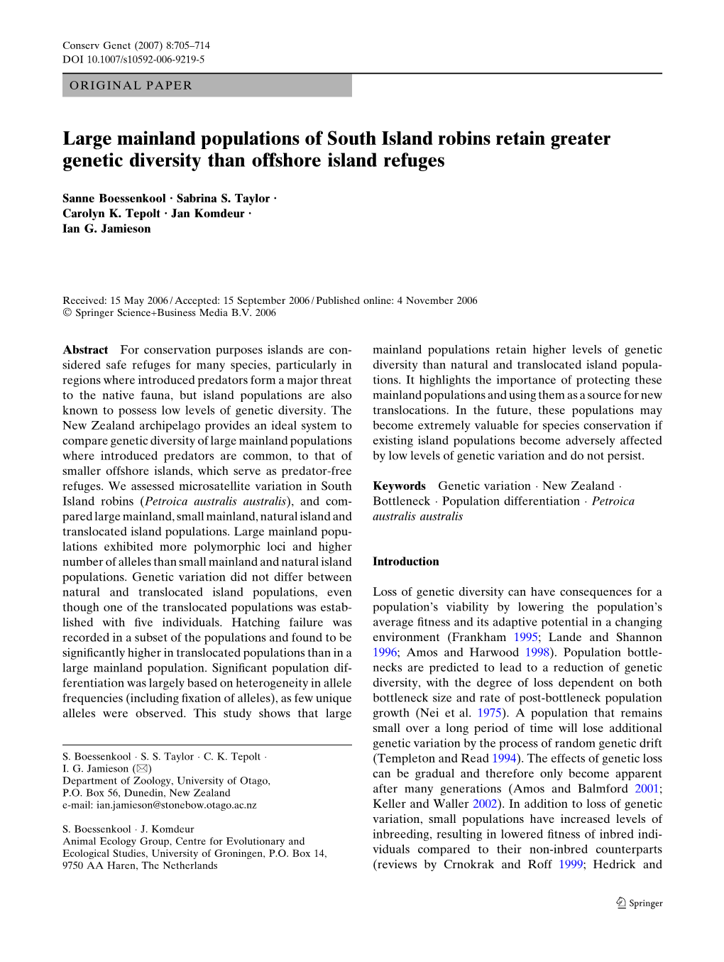 Large Mainland Populations of South Island Robins Retain Greater Genetic Diversity Than Offshore Island Refuges