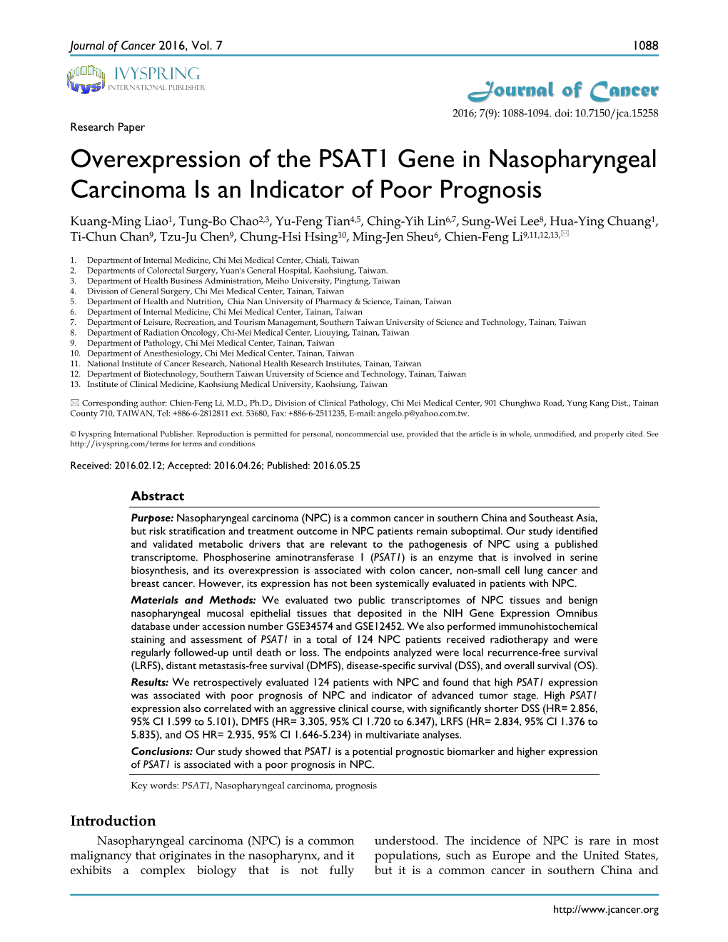 Overexpression of the PSAT1 Gene in Nasopharyngeal Carcinoma Is An
