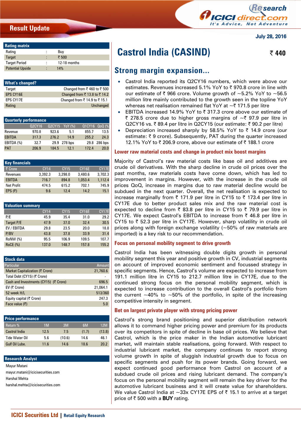 Castrol India (CASIND) | 440 Target : | 500 Target Period : 12-18 Months Potential Upside : 14% Strong Margin Expansion