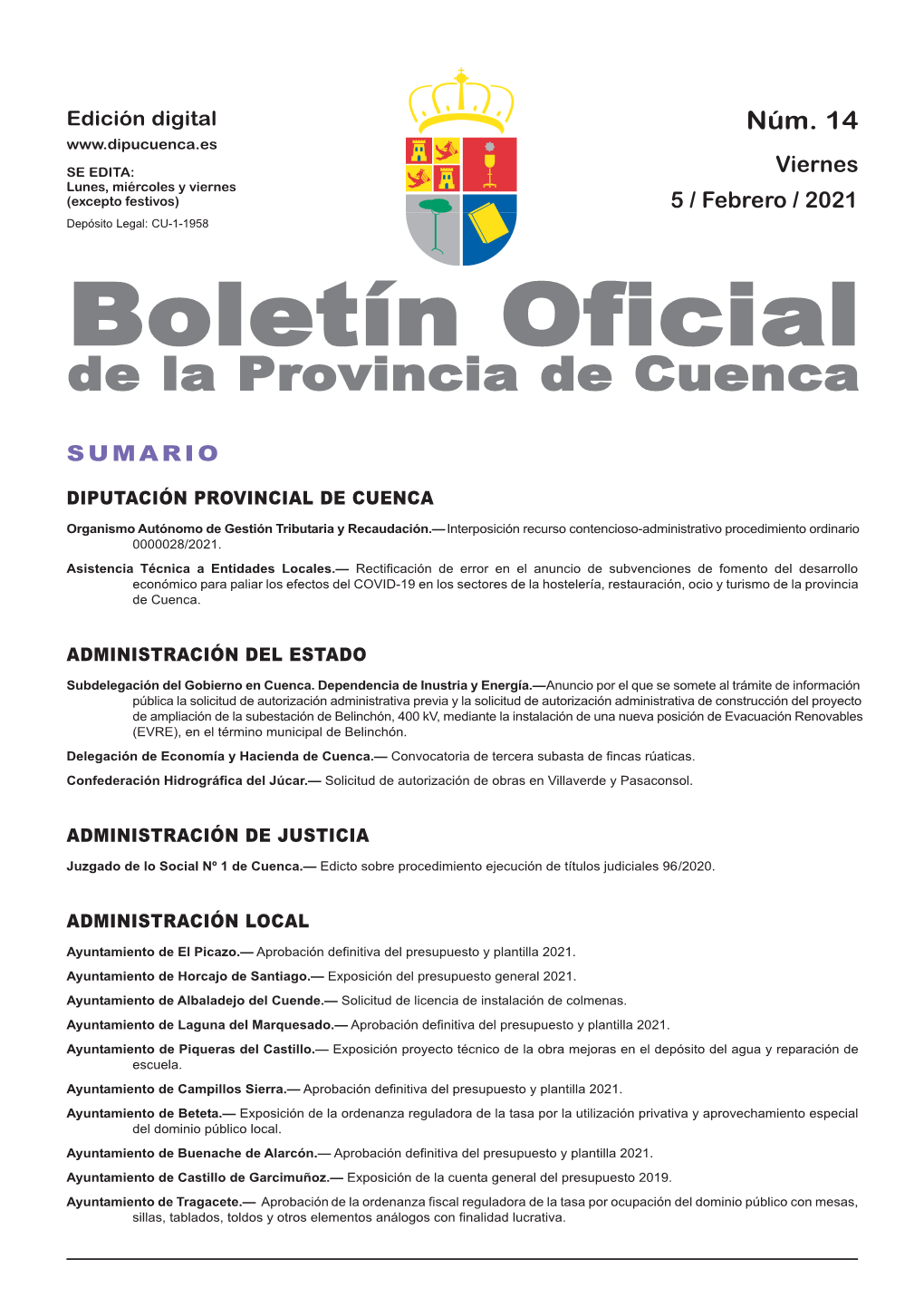 Boletín Oficial De La Provincia De Cuenca Sumario Diputación Provincial De Cuenca