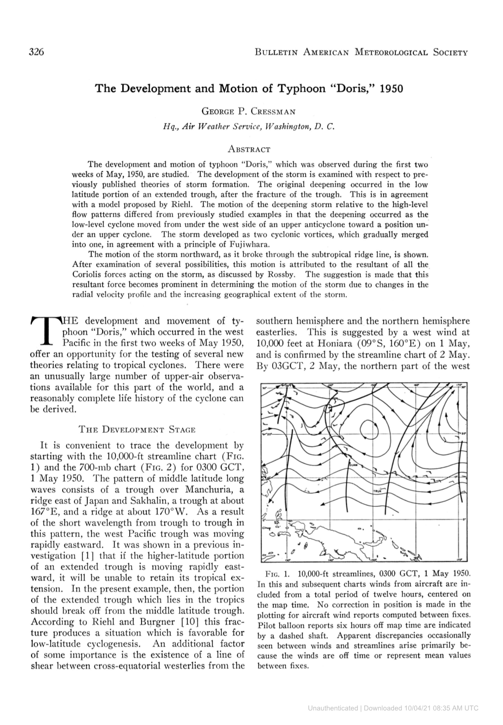 The Development and Motion of Typhoon "Doris," 1950