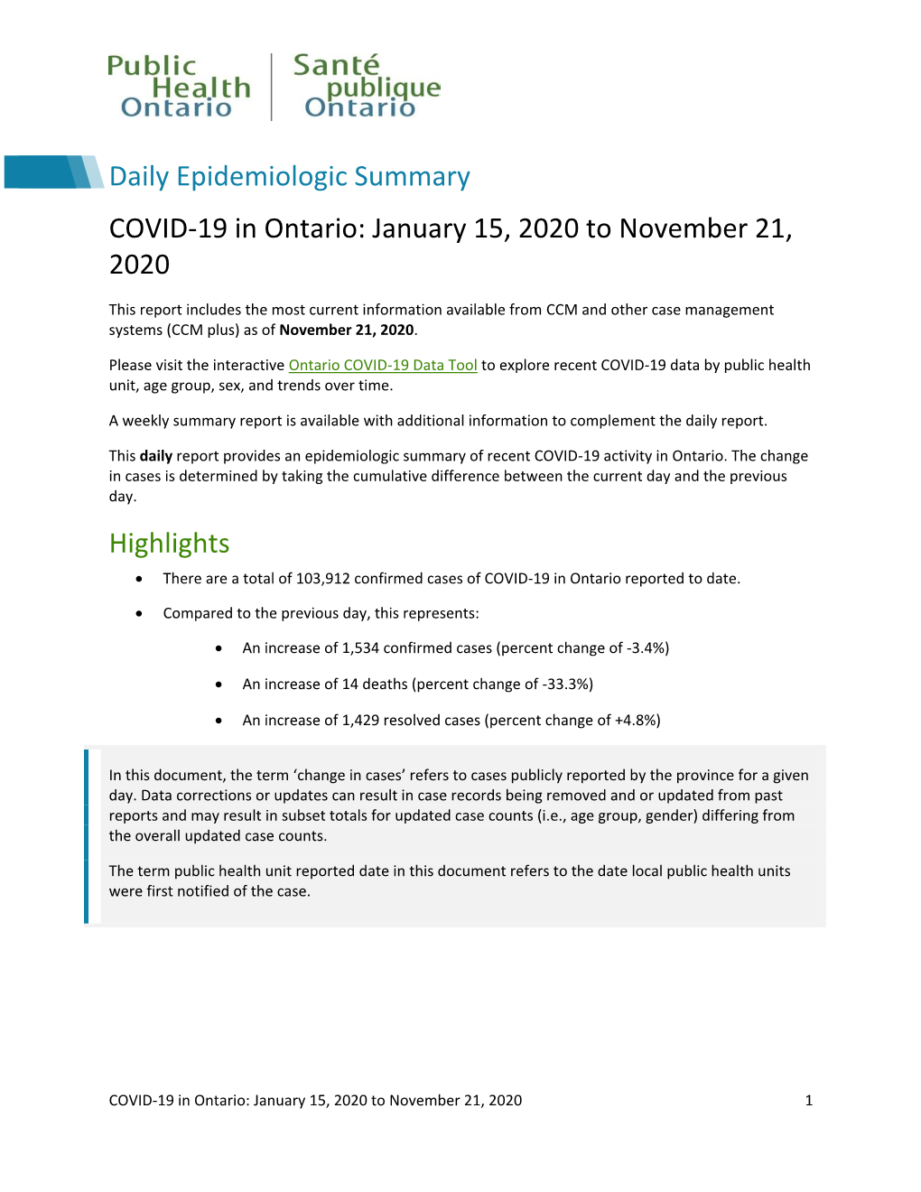 COVID-19 in Ontario: January 15, 2020 to November 21, 2020