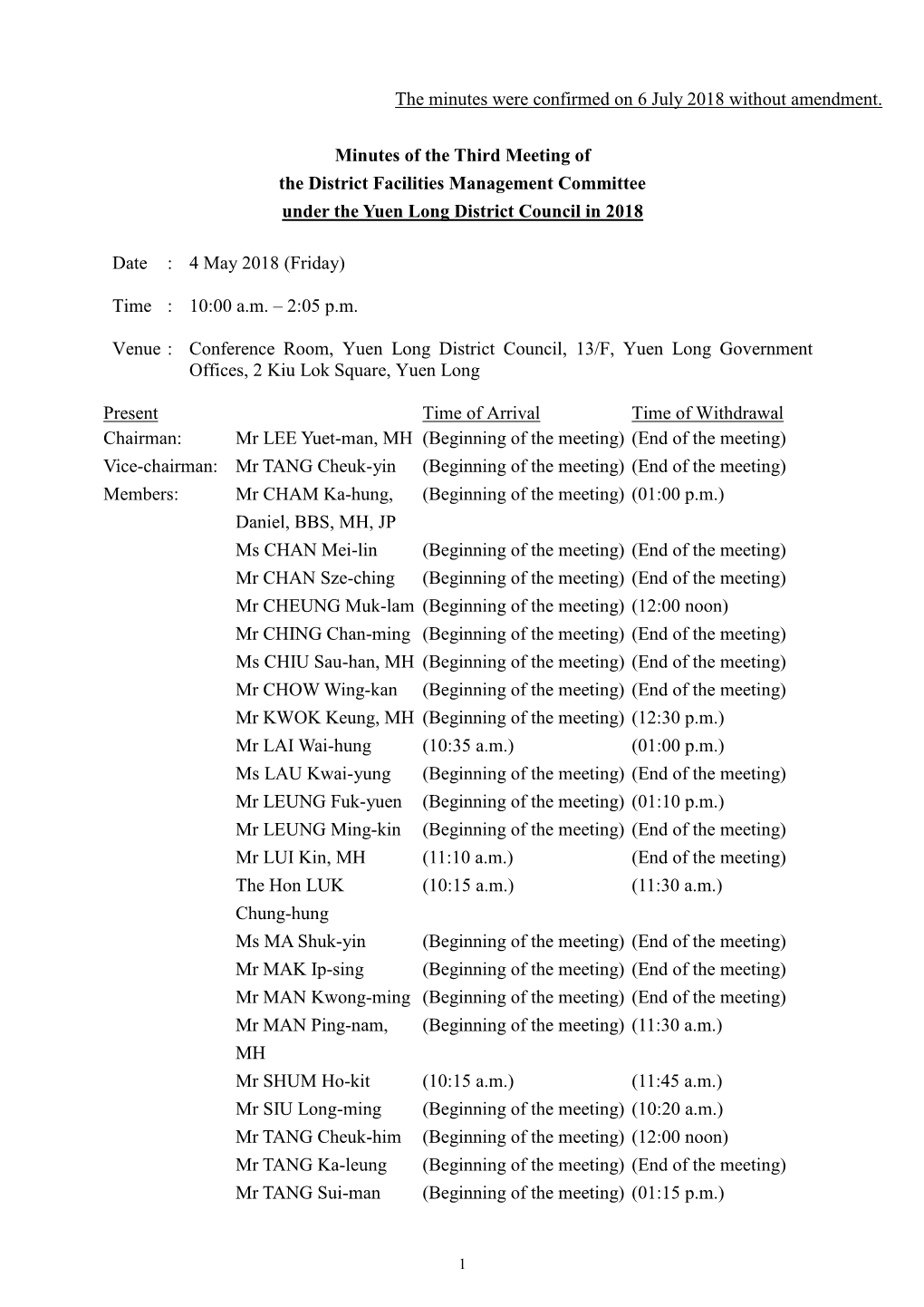 The Minutes Were Confirmed on 6 July 2018 Without Amendment. Minutes of the Third Meeting of the District Facilities Management