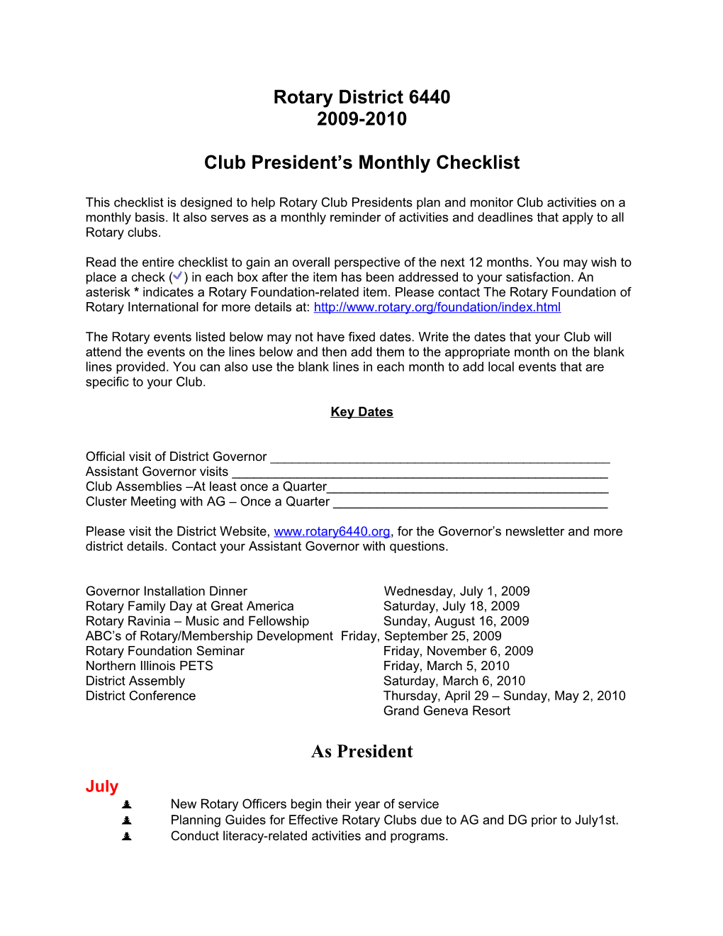 Club President S Monthly Checklist