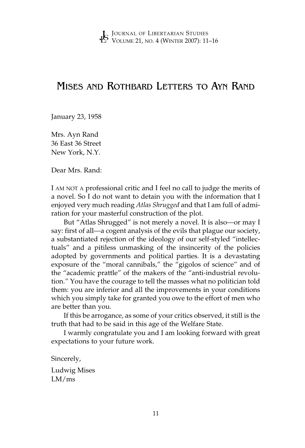 Mises and Rothbard Letters to Ayn Rand