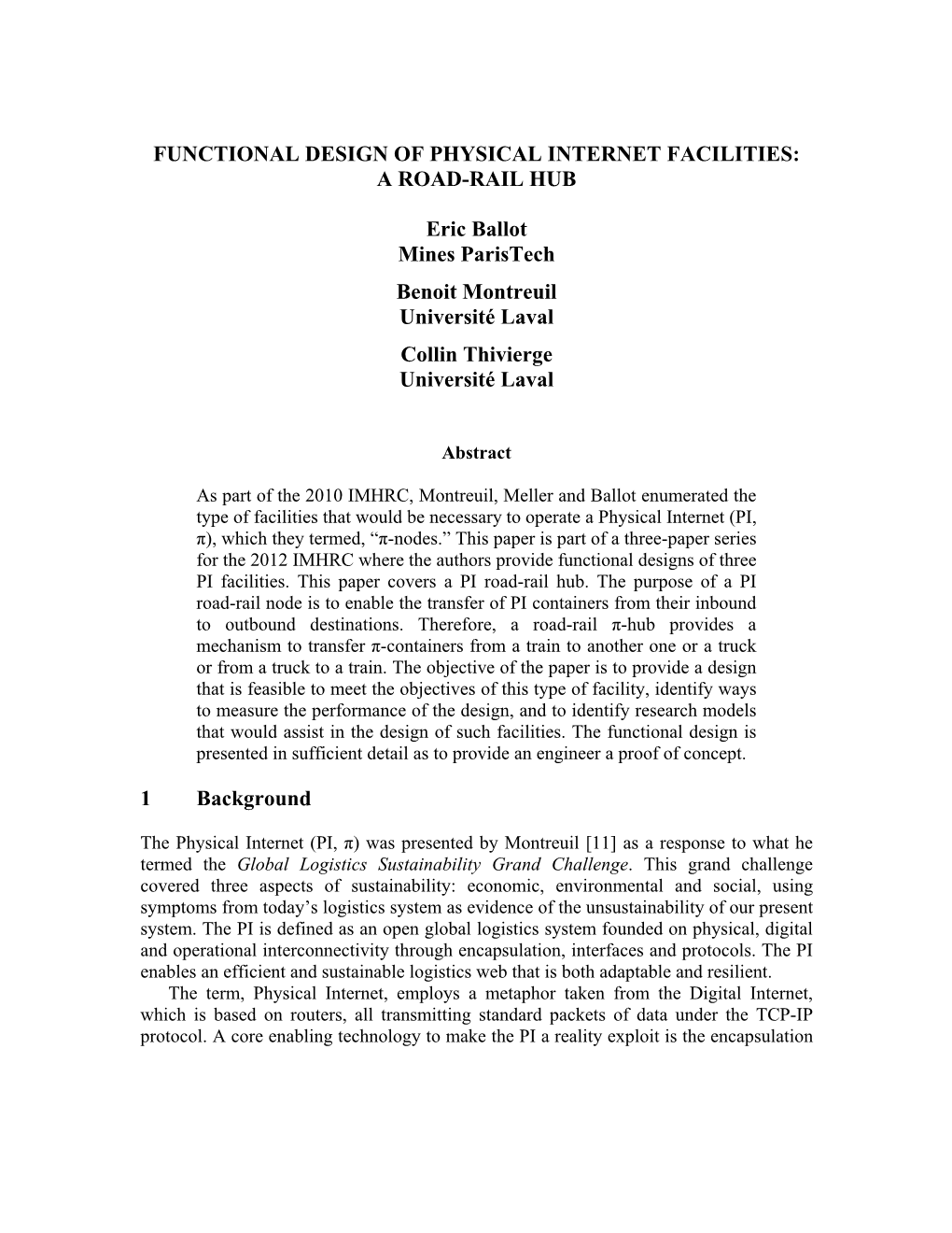 Functional Design of Physical Internet Facilities: a Road-Rail Hub